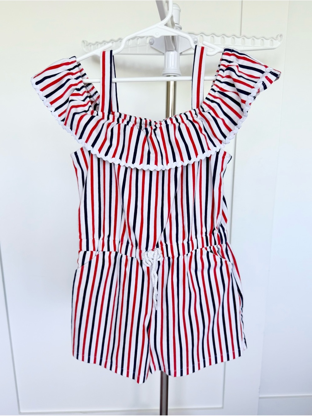 Janie and Jack Striped Red, White & Navy Off-Shoulder Romper